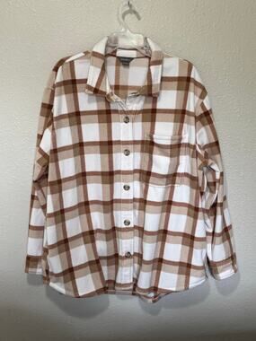 Women’s Eddie Bauer Brown Plaid Microfleece Button Up Flannel Shirt Shacket, 2XL